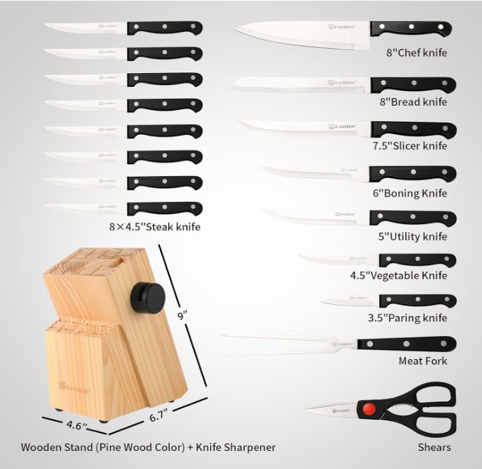 19-Piece Kitchen Knife Set w/ Block & Built-in Sharpener (German Steel, Dishwasher-Safe) - DonoHome