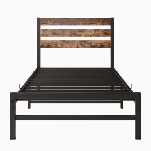 Twin Platform Bed Frame w/ Rustic Wood Headboard & Metal Slats (No Box Spring Needed, Rustic Brown)