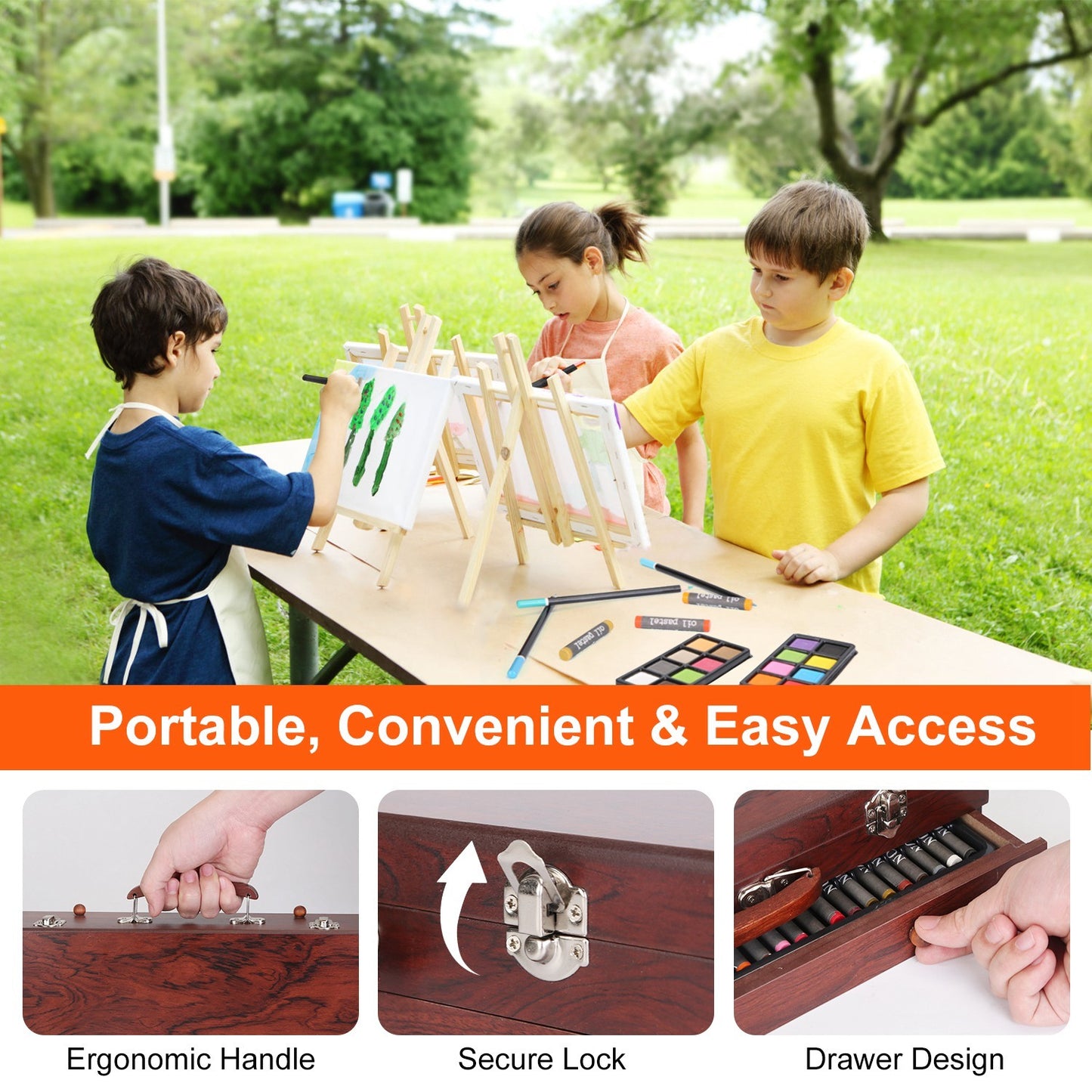 140Pcs Professional Art Kit – Colored Pencils, Oil Pastels, Crayons, Watercolor Cakes & Brushes in Wooden Box