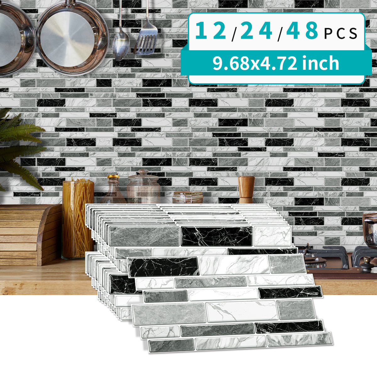 Irregular Black White Gray Marble Peel & Stick Wallpaper – Waterproof Oil-Proof PVC Imitation Tiles for Kitchen & Bathroom