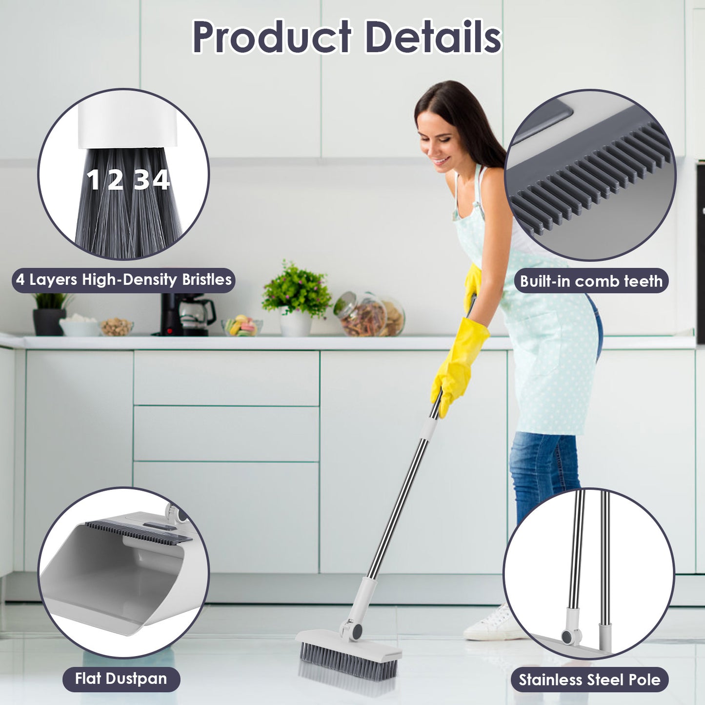 4-in-1 Broom and Dustpan Set with Squeegee – Upright Standing Cleaning Combo for Home, Kitchen & Office