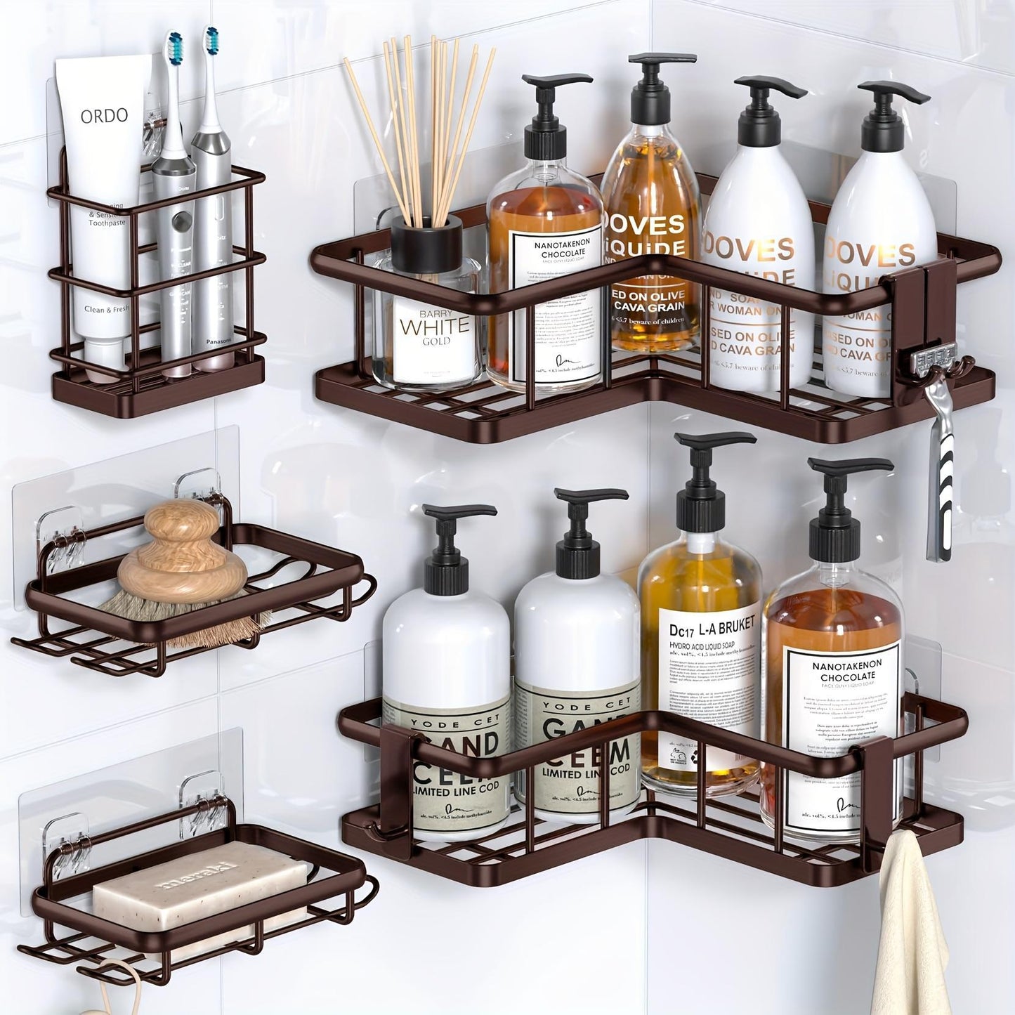 5-in-1 Corner Shower Caddy Set – Rustproof Punch-Free Bathroom Storage Rack with Soap Holder & Hooks
