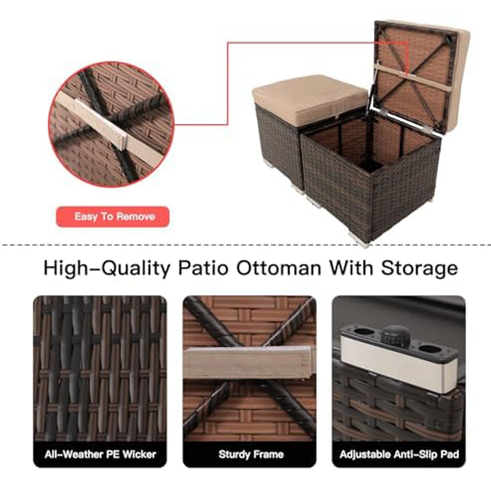 Set of 2 Outdoor Wicker Storage Ottomans with Removable Cushions – Patio Footrest / Side Table