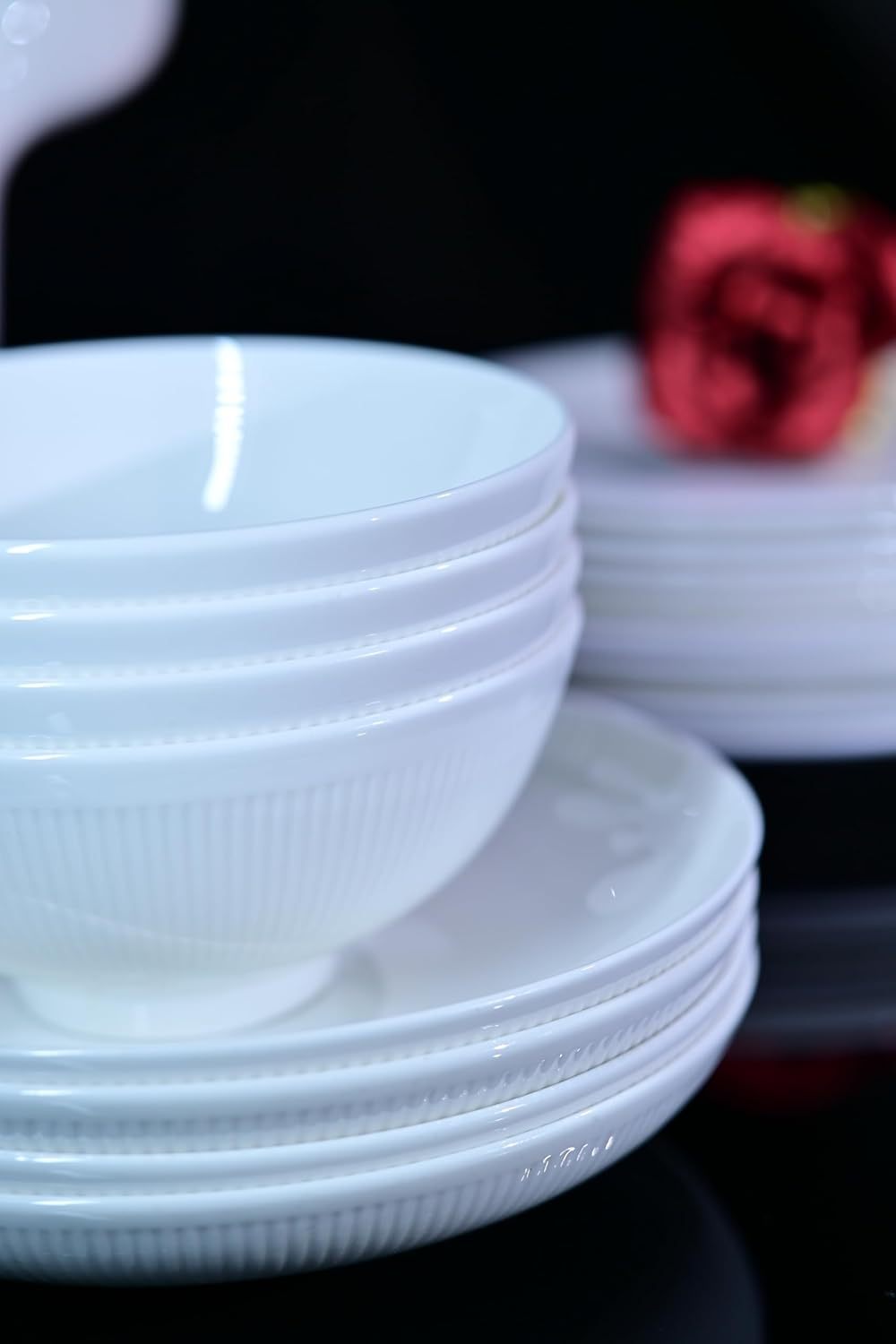 Dandelion Bone China Dinnerware Set – 16-Piece Service for 4 (Ivory White, Radial Lines, Microwave & Dishwasher Safe)