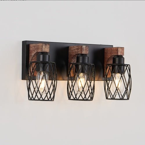 Industrial Vintage 3-Light Wall Sconce with Black Cage Design & Wooden Accents for Bathroom, Hallway or Living Room (Bulb Not Included)