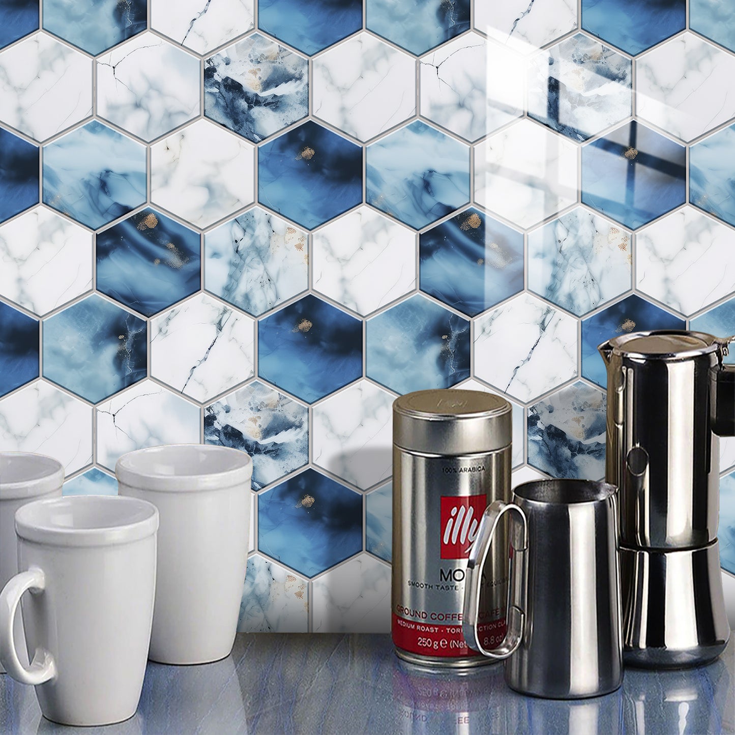 Blue & White Marble Peel & Stick Wall Tile – Waterproof Self-Adhesive PVC Sticker for Kitchen & Bathroom