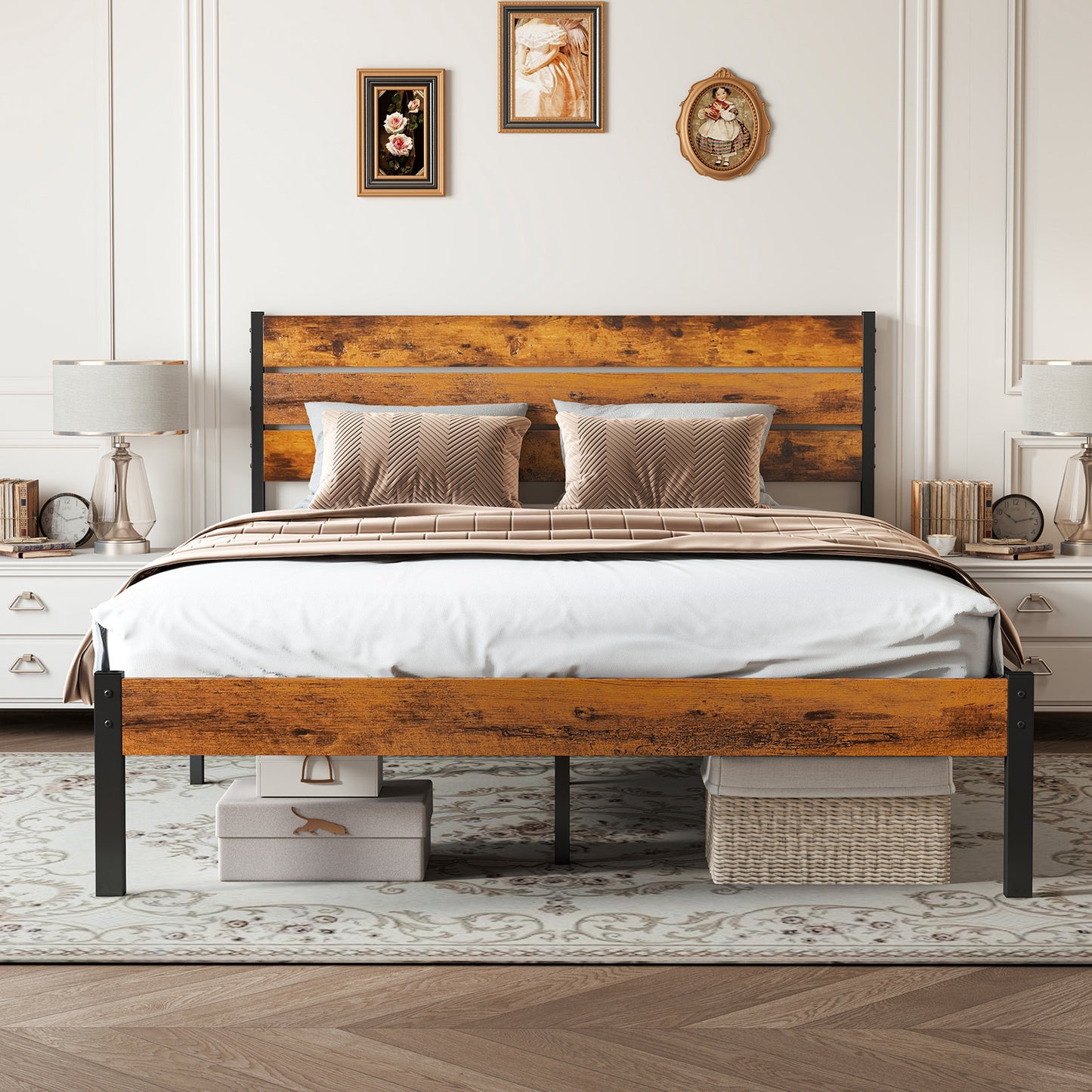 Metal Platform Bed Frame with Rustic Wood Headboard & Footboard (No Box Spring Needed) – Twin/Full/Queen