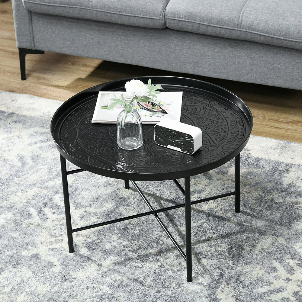 24" Round Hammered Metal Coffee Table with Tray Top – Black