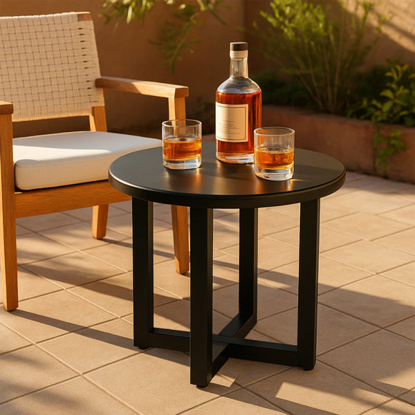 Round Outdoor Side Table, Black Metal Cross-Leg (46×46×41.5 cm)