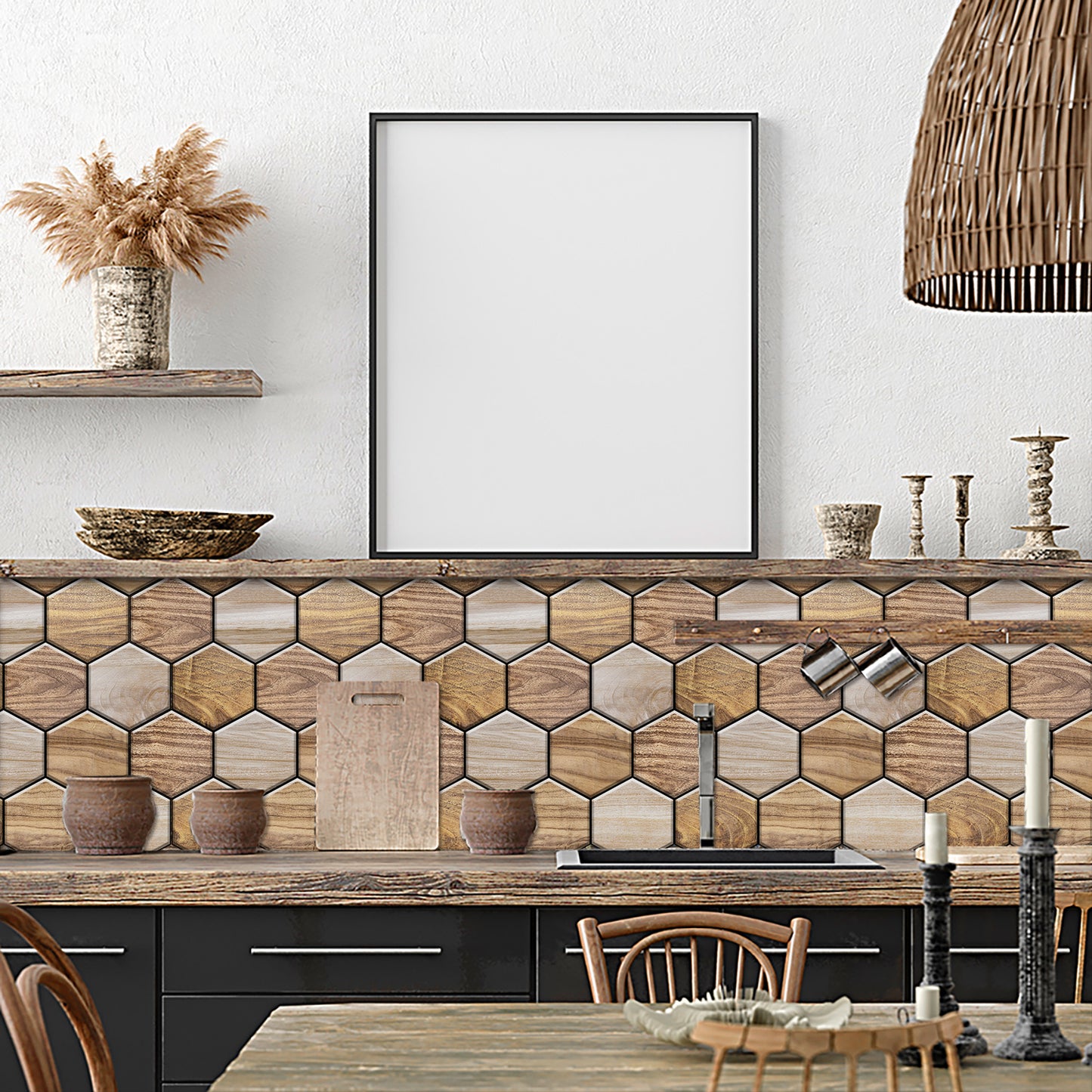 Hexagonal Wood Grain Peel & Stick Wall Tiles – Waterproof Self-Adhesive Backsplash for Kitchen & Bathroom