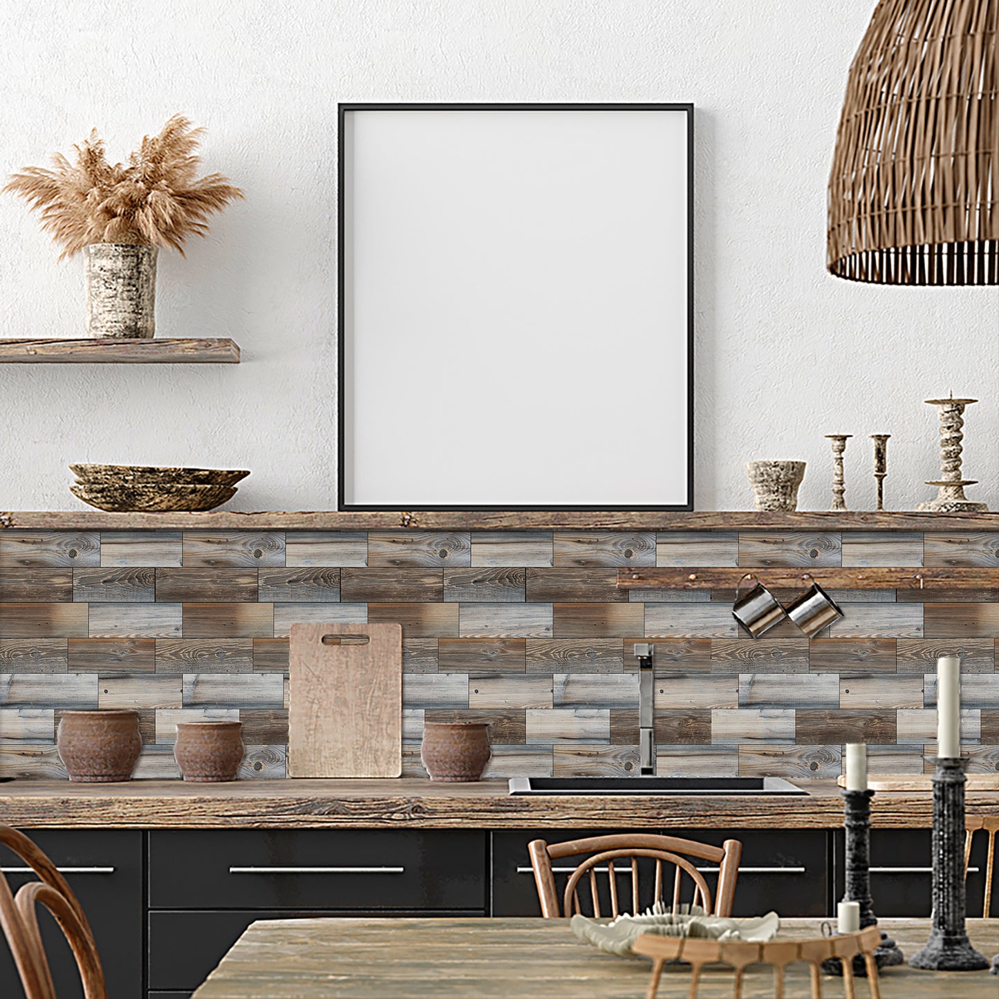 Wood Grain Mosaic Peel & Stick Wall Tiles – Waterproof Oil-Resistant PVC Stickers for Kitchen & Bathroom