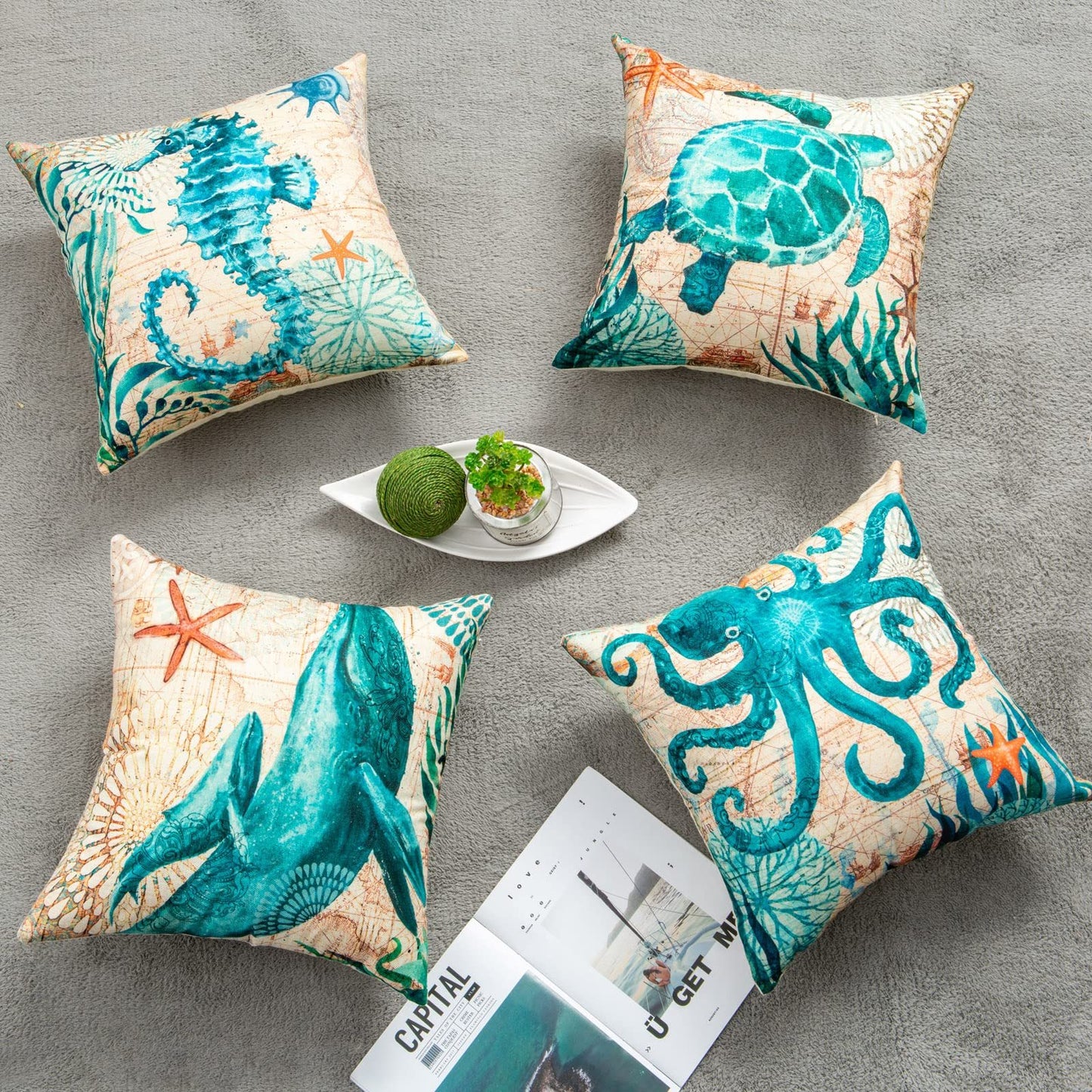 Sea Life Decorative Throw Pillows – Octopus, Turtle, Whale & Seahorse Design for Sofa & Home Decor