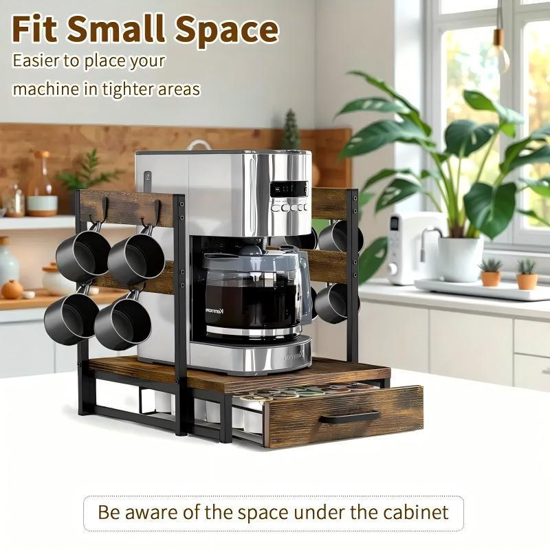 Coffee Maker Storage Rack with Cup Holder and K-Cup Drawer, Sturdy Countertop Organizer for Kitchen and Office