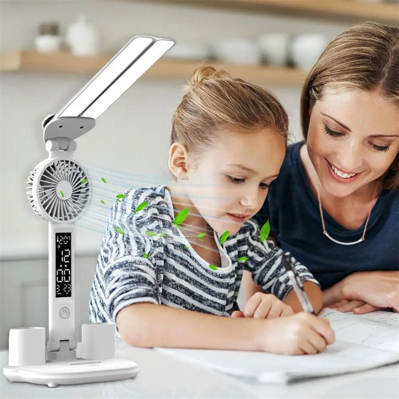 Multifunction LED Desk Lamp, Foldable with Fan, Clock, & Pen Holder