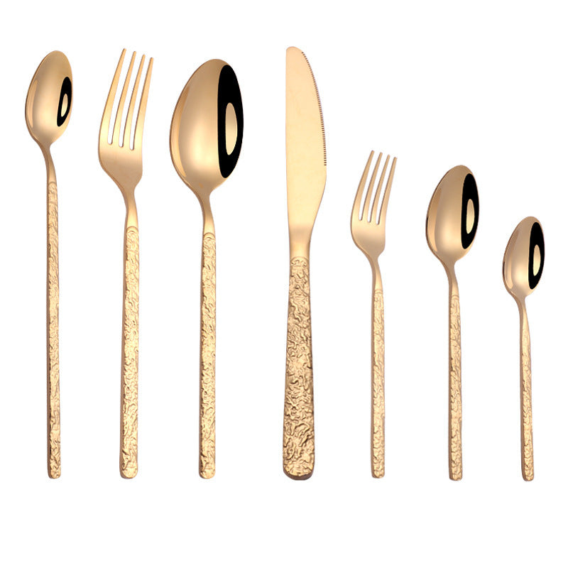 Embossed Handle Stainless Steel Flatware Set – 7-Piece, Black/Gold/Rose Gold/Silver