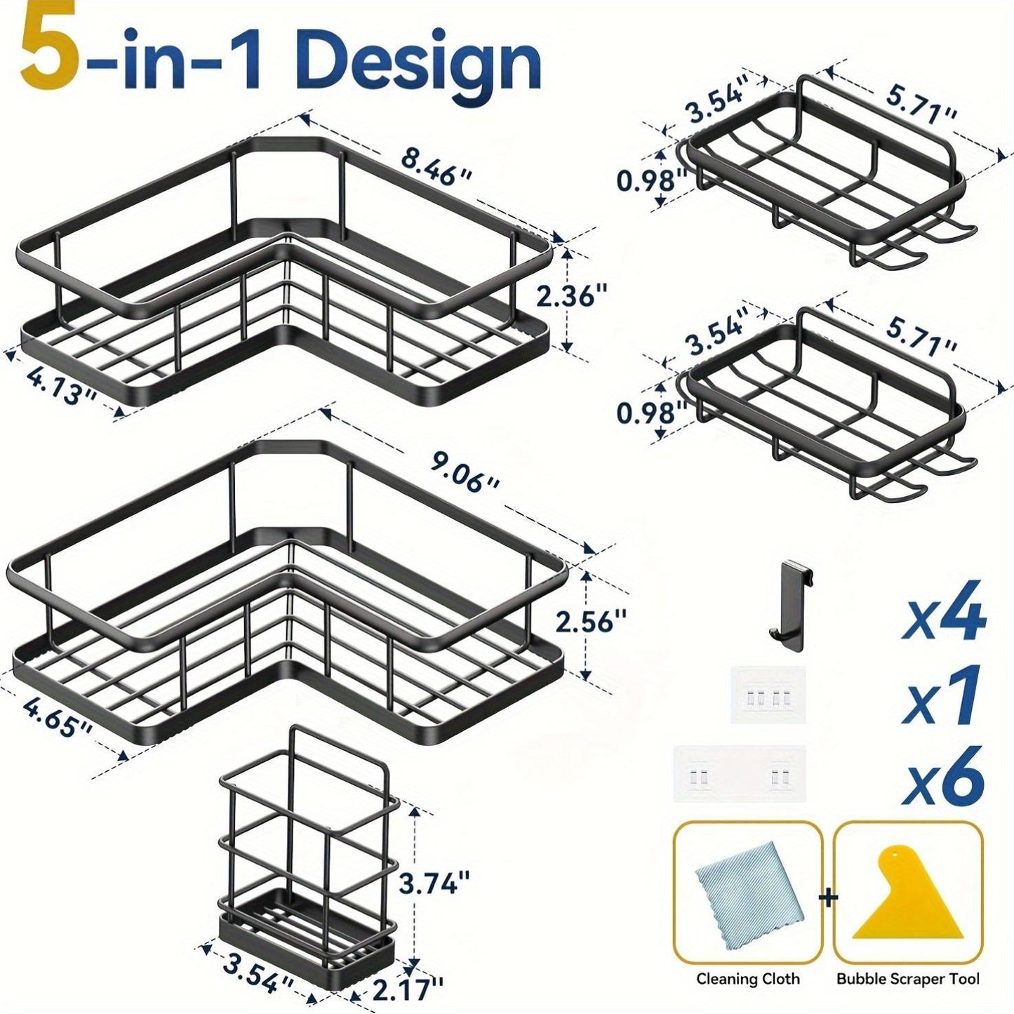 5-in-1 Corner Shower Caddy Set – Rustproof Punch-Free Bathroom Storage Rack with Soap Holder & Hooks