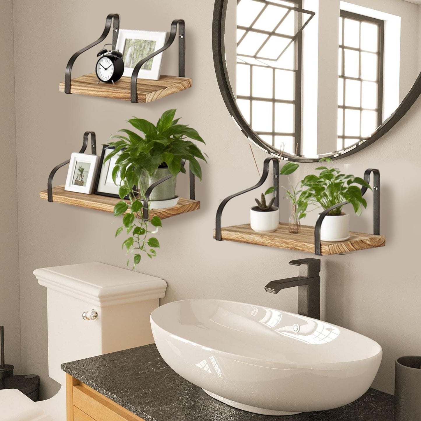 3-Piece Rustic Brown Floating Wall Shelves – Wooden Farmhouse Storage & Decor