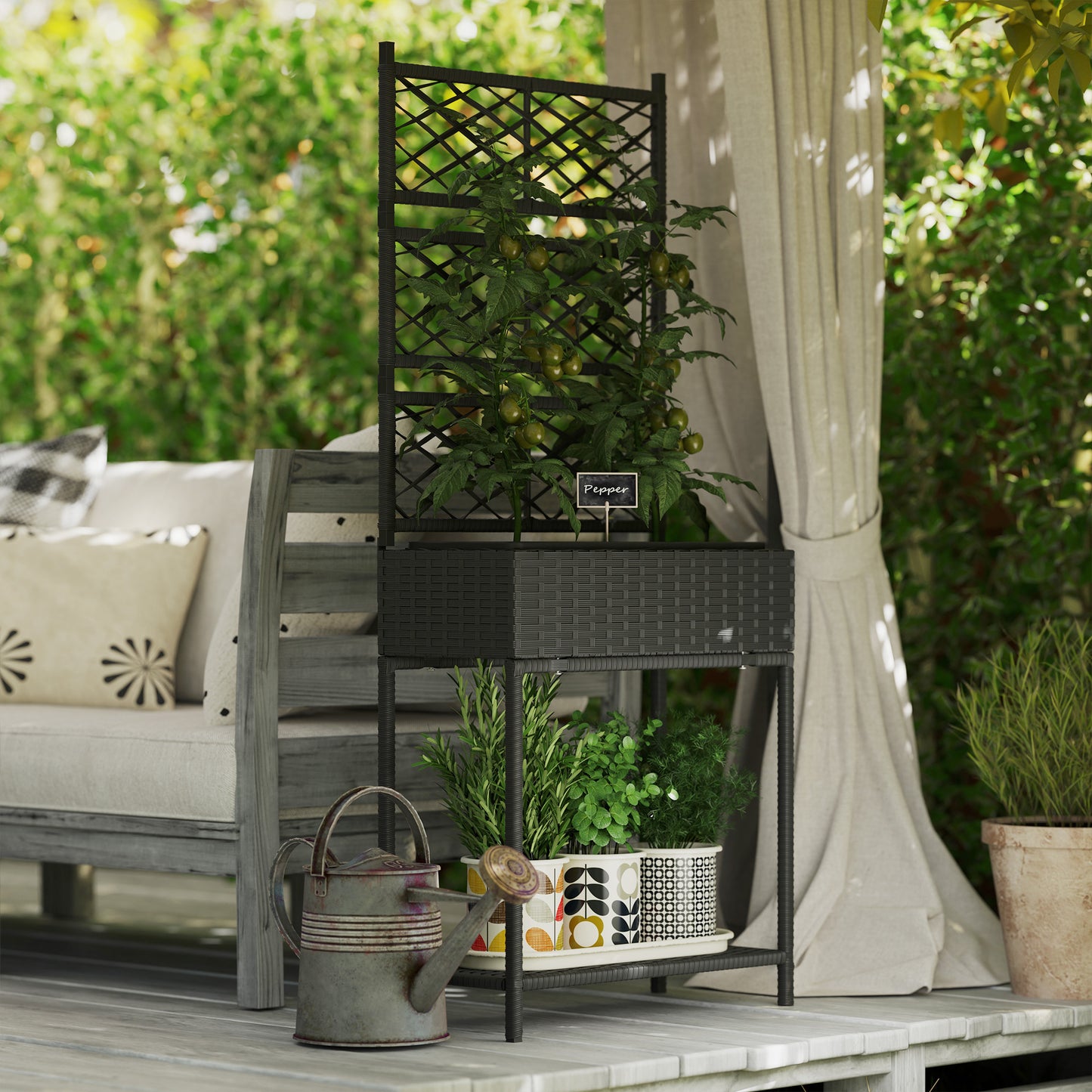 Outdoor Wicker Planter with Trellis – Freestanding Rattan Garden Box with Storage