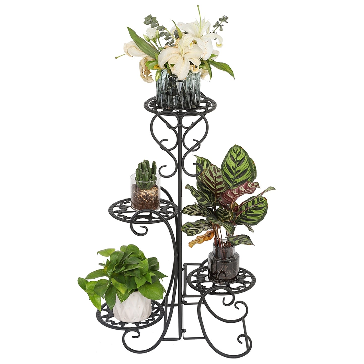 Metal Plant Stand with 4 Round Flower Pot Holders – Black Iron Garden Display Rack