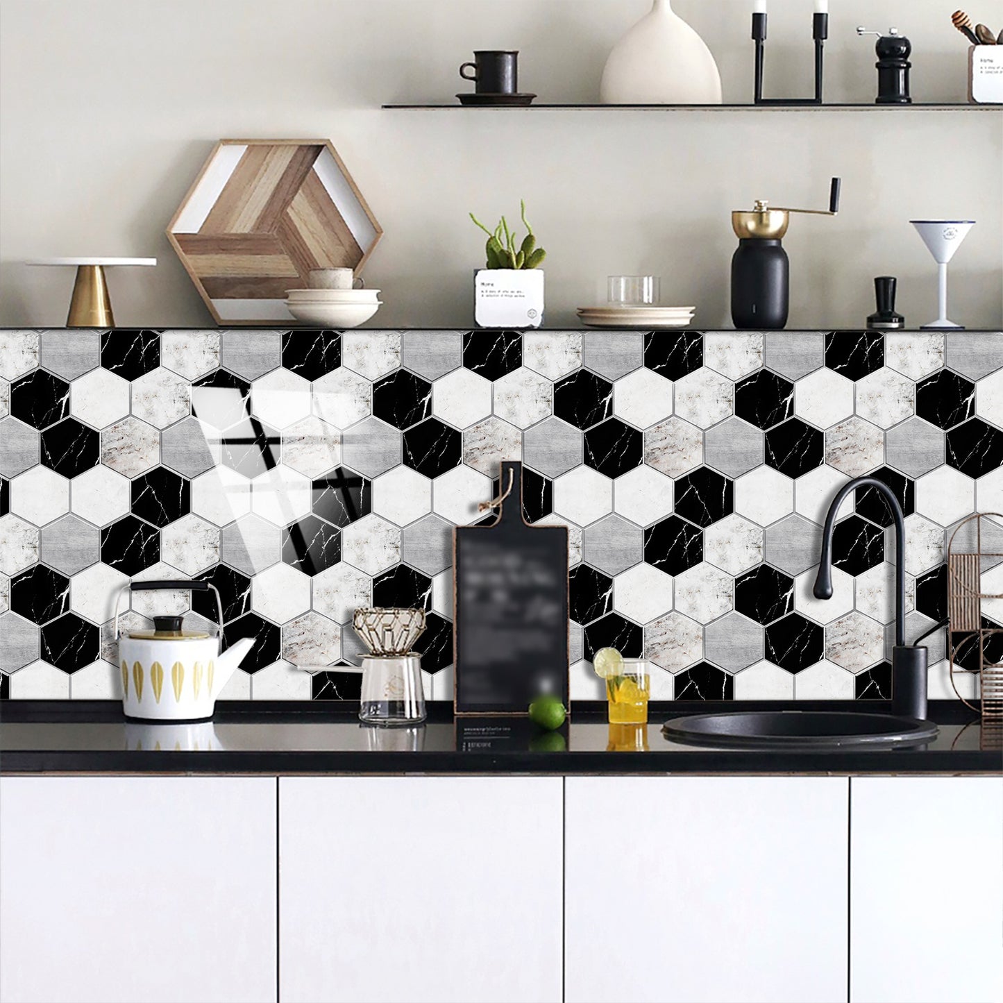 Black & White Marble Hexagonal Peel & Stick Wall Tiles – Waterproof Glossy PVC Backsplash for Kitchen & Bathroom
