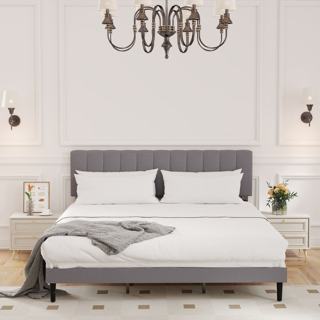 Upholstered Platform Bed Frame with Tufted Headboard (Gray, Iron Frame & Wood Slats) – Twin/Full/Queen/King