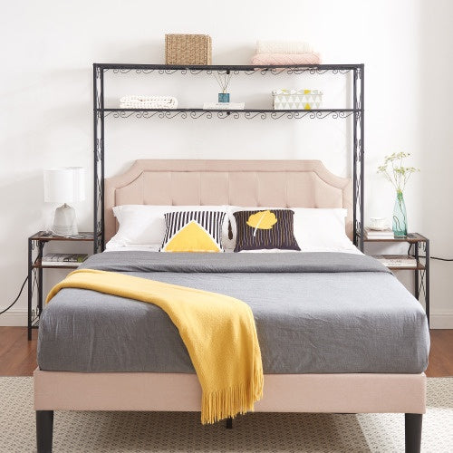 Queen Bed Frame with Bookcase Headboard & 2 Nightstands (Iron + Wood, Rustic Brown)