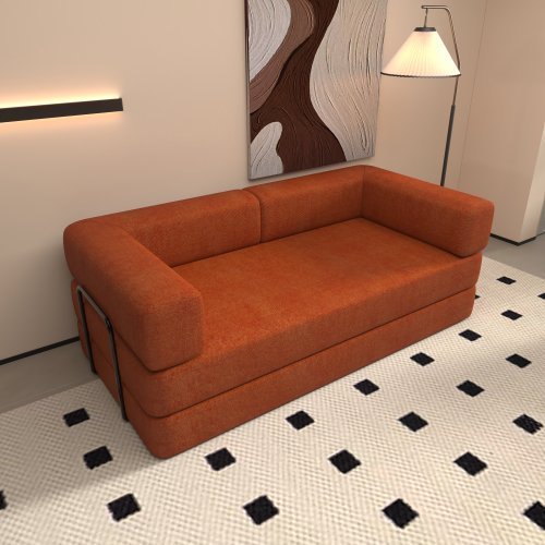 Convertible Sleeper Sofa Bed With Cylindrical Pillow, Corduroy Folding Mattress Couch With Fixed-Shape Frame, Floor Sofa Lounge Couch For Living Room Bedroom Lounge Studio Orange Red