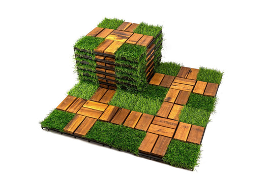 Acacia Wood Interlocking Flooring Tiles, 10 Pack, 12 x 12 Inch