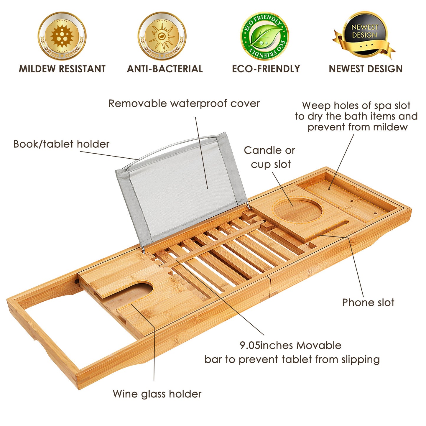 Extendable Bamboo Bathtub Caddy Tray With Wine Glass Holder, Tablet And Phone Rack, Bathroom Spa Bath Tray Table For Relaxing Reading Or Soaking