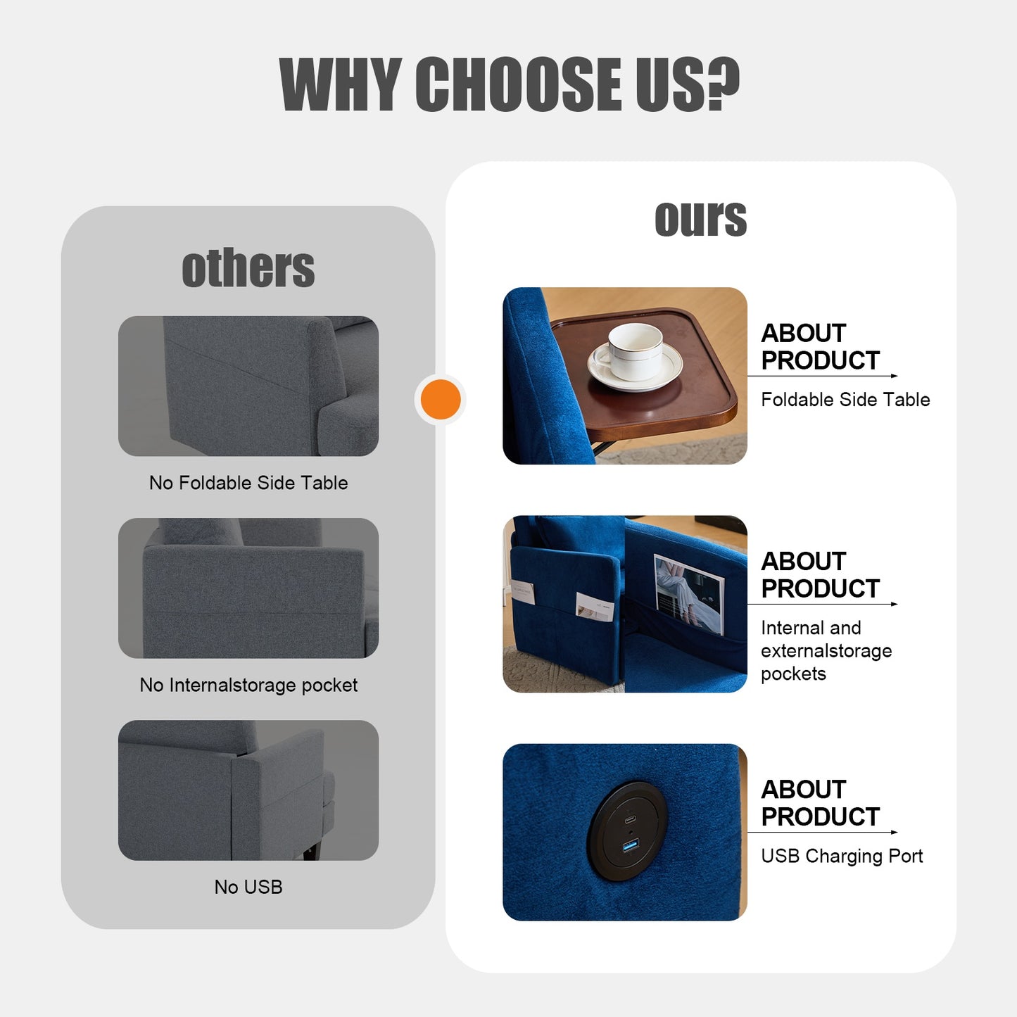 Convertible Sleeper Chair with Charging Ports & Folding Tray Table