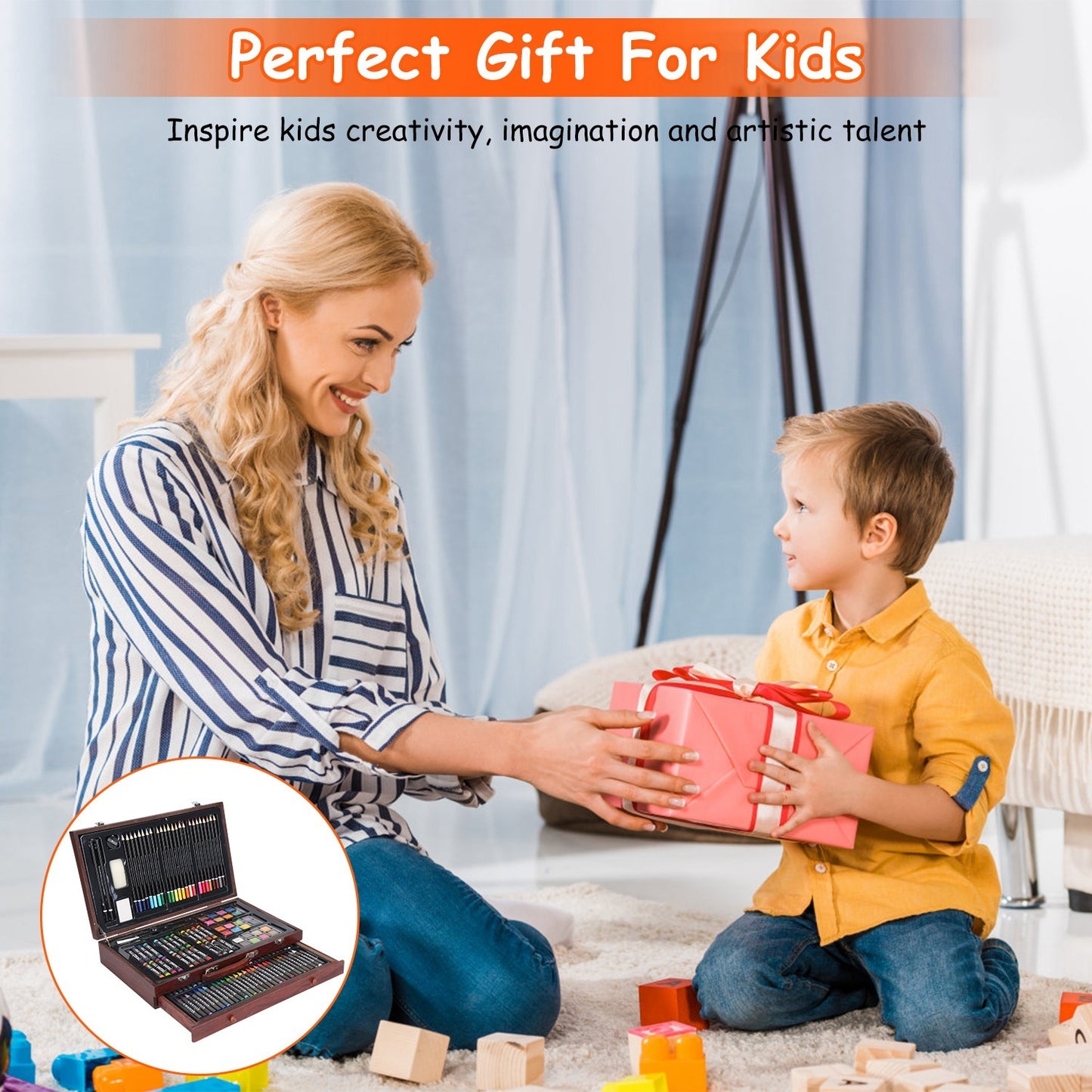 140Pcs Professional Art Kit – Colored Pencils, Oil Pastels, Crayons, Watercolor Cakes & Brushes in Wooden Box