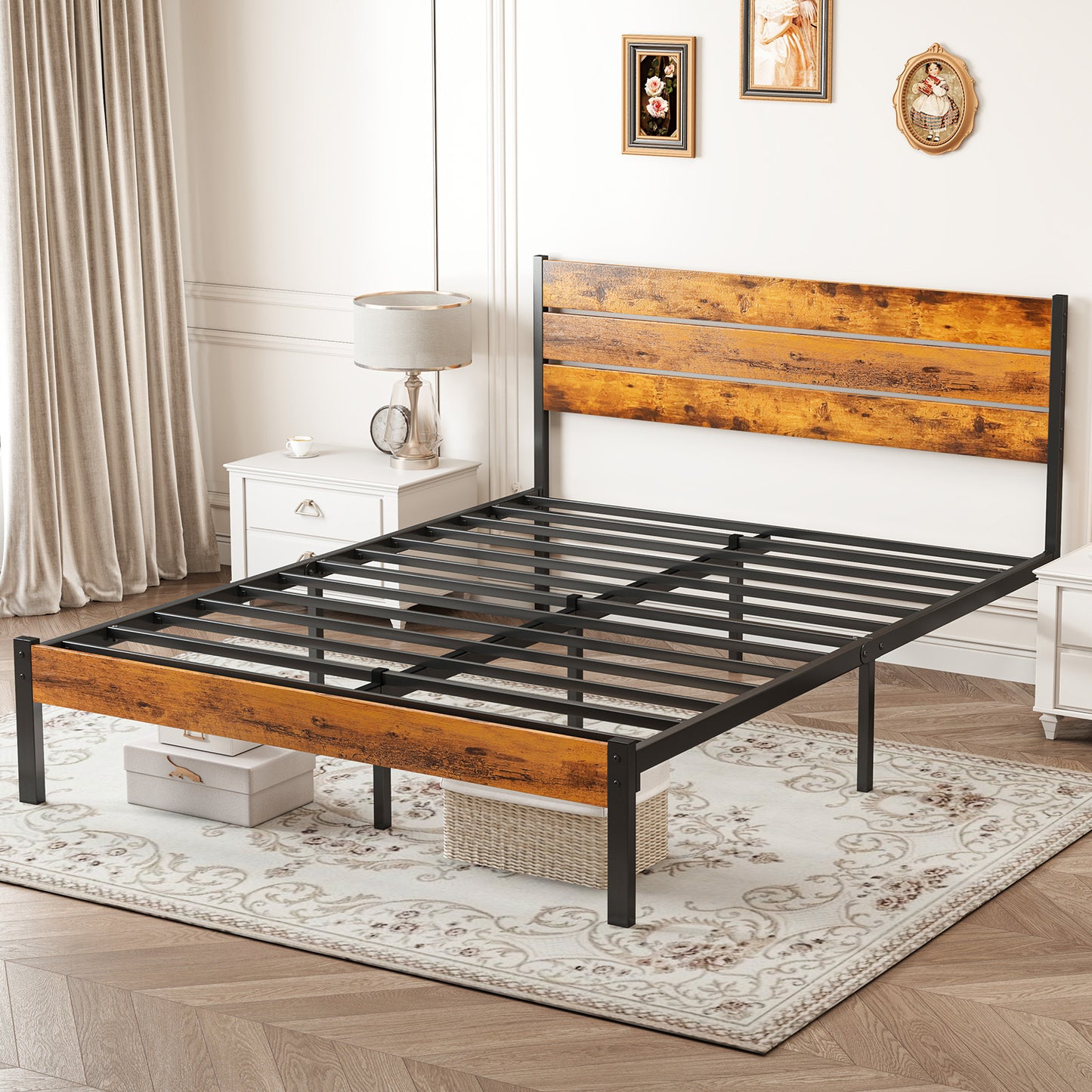 Metal Platform Bed Frame with Rustic Wood Headboard & Footboard (No Box Spring Needed) – Twin/Full/Queen