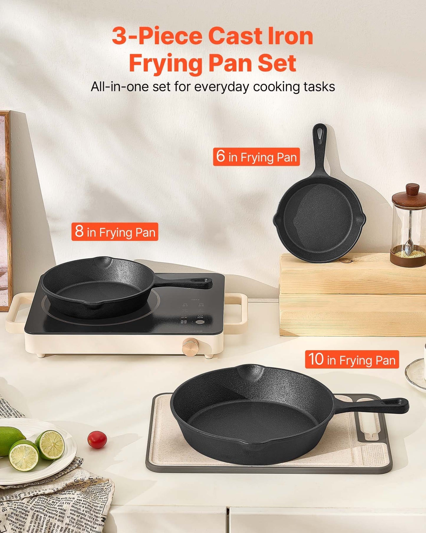3-Piece Cast Iron Frying Pan Skillet Set, Pre-Seasoned, 6/8/10 inch – Black - DonoHome