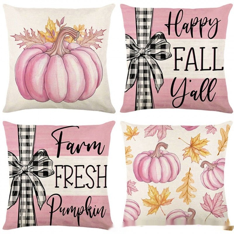 4-Piece Printed Linen Throw Pillowcase Set, Autumn Pumpkin Decor