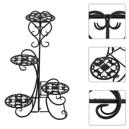 Metal Plant Stand with 4 Round Flower Pot Holders – Black Iron Garden Display Rack