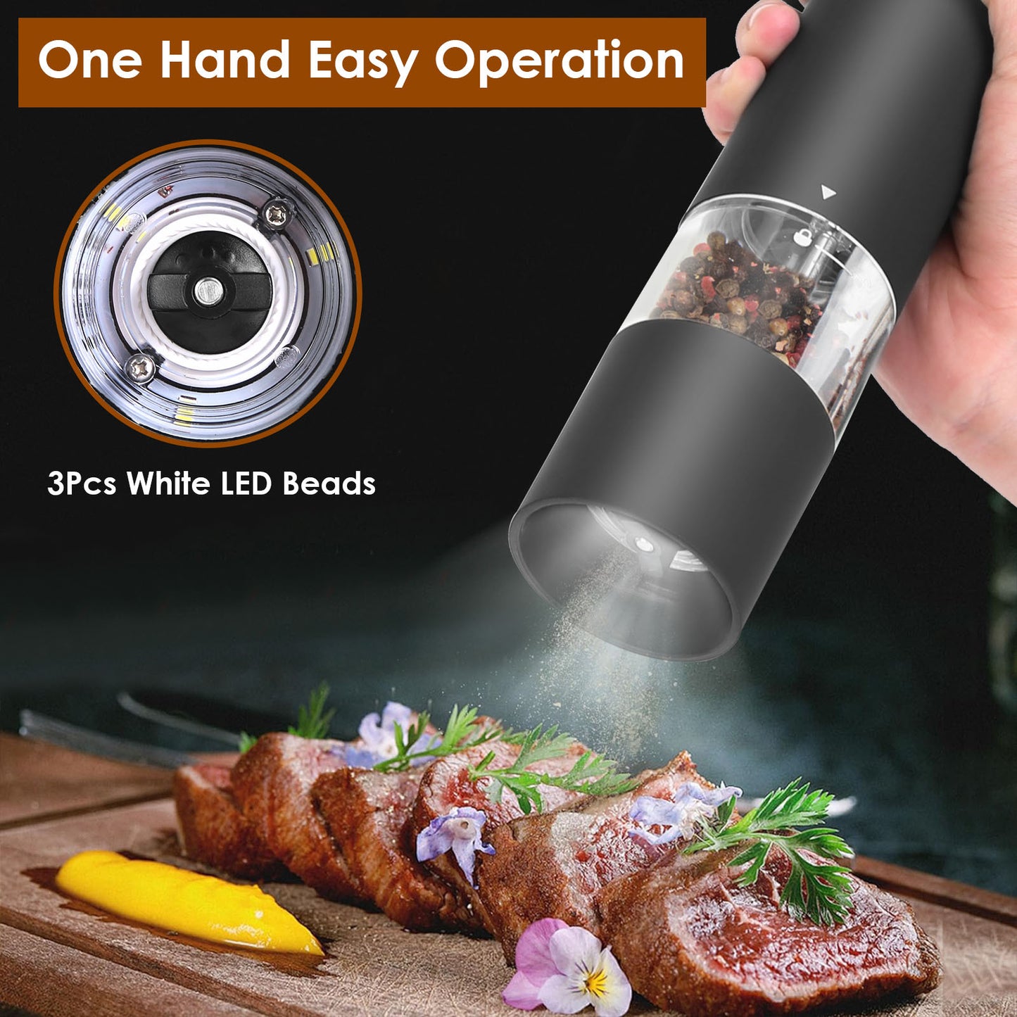 Electric Salt and Pepper Grinder Set with Adjustable Coarseness - One Hand Operation - DonoHome