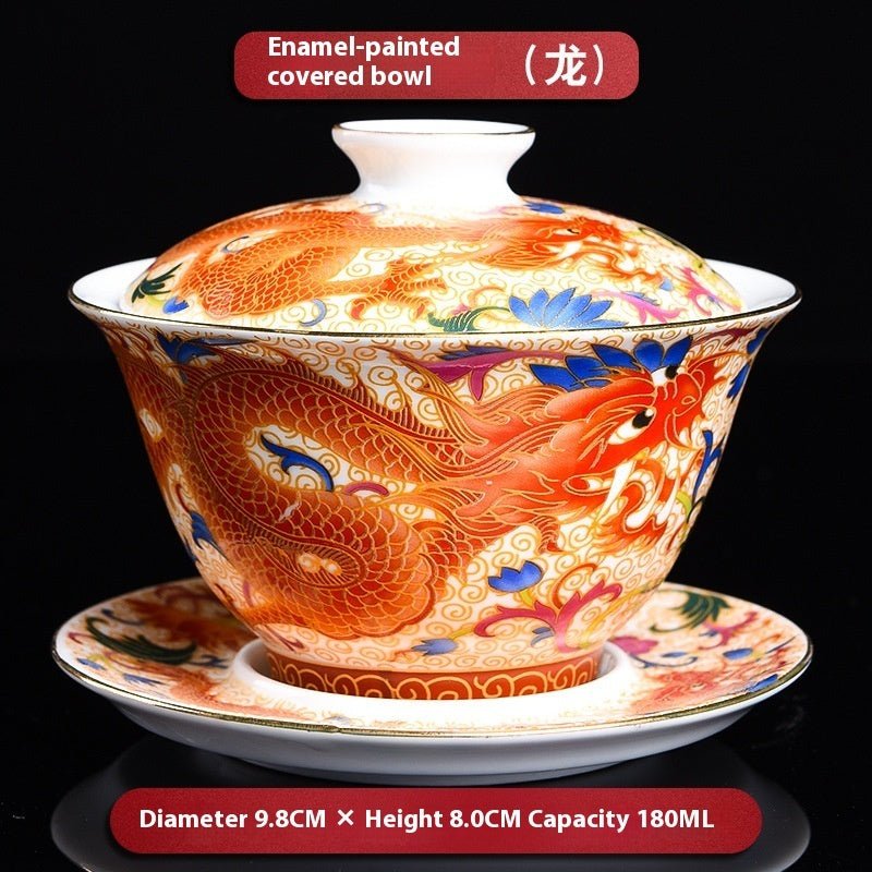 Luxury Enamel Porcelain Gaiwan Tea Cup with Lid & Saucer – Handcrafted Oriental Design - DonoHome