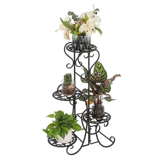 Metal Plant Stand with 4 Round Flower Pot Holders – Black Iron Garden Display Rack