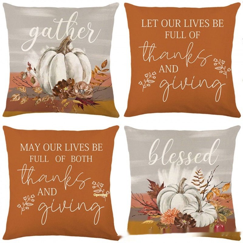 4-Piece Printed Linen Throw Pillowcase Set, Autumn Pumpkin Decor