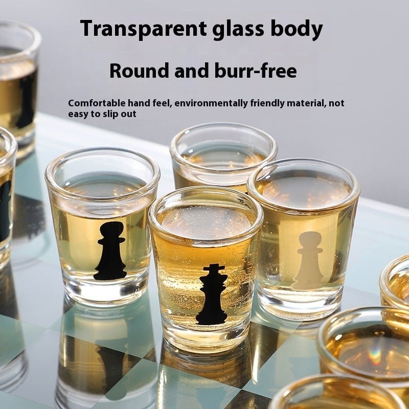 Elegant Glass Chess Drinking Game Set with Crystal Cups