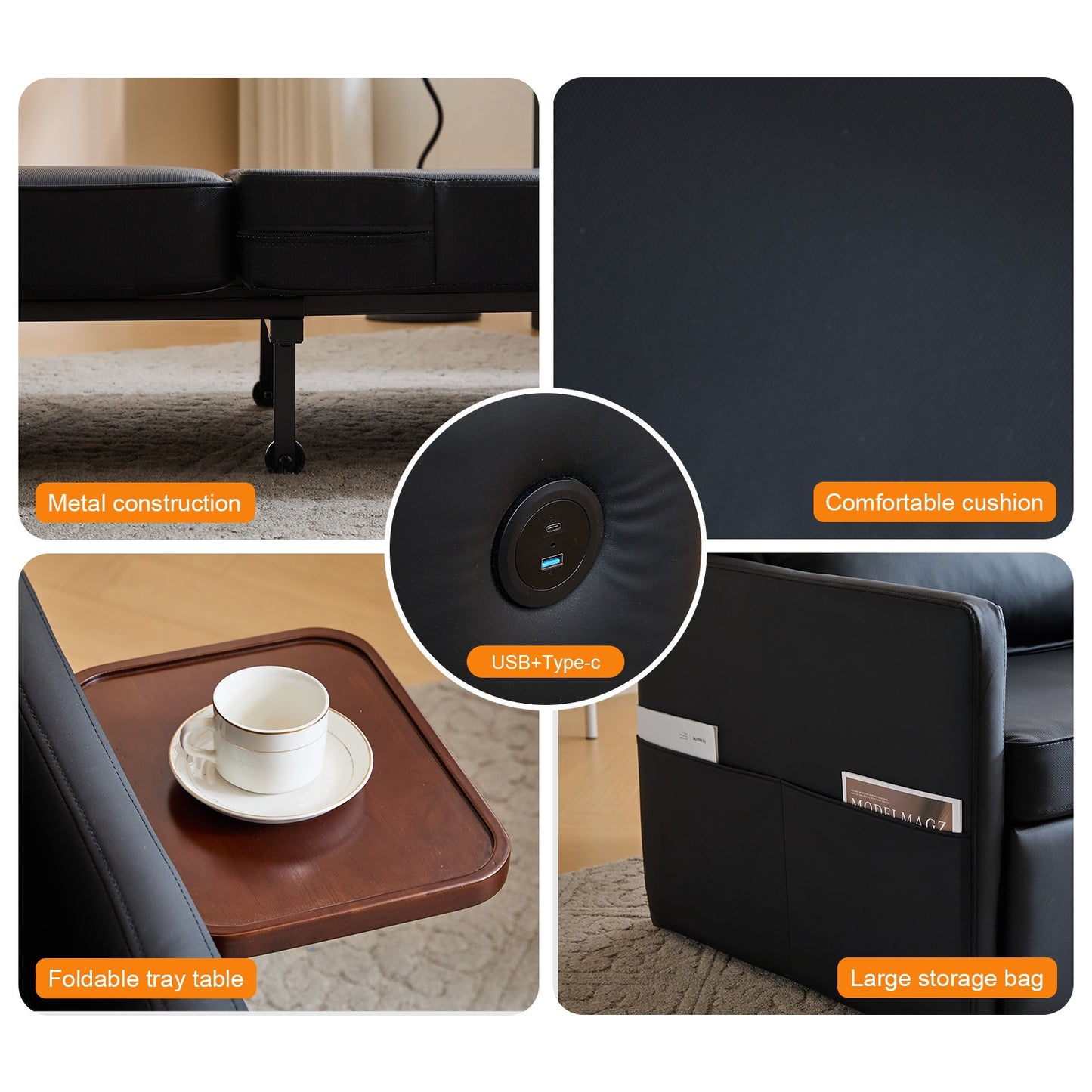 3-in-1 Sleeper Chair with USB Charging Ports and Tray Table - DonoHome