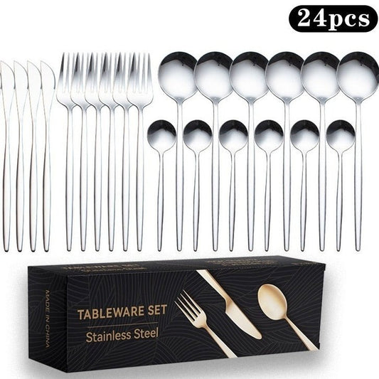 Stainless Steel 24-Piece Flatware Set – Titanium-Plated Knife, Fork & Spoon Gift Box