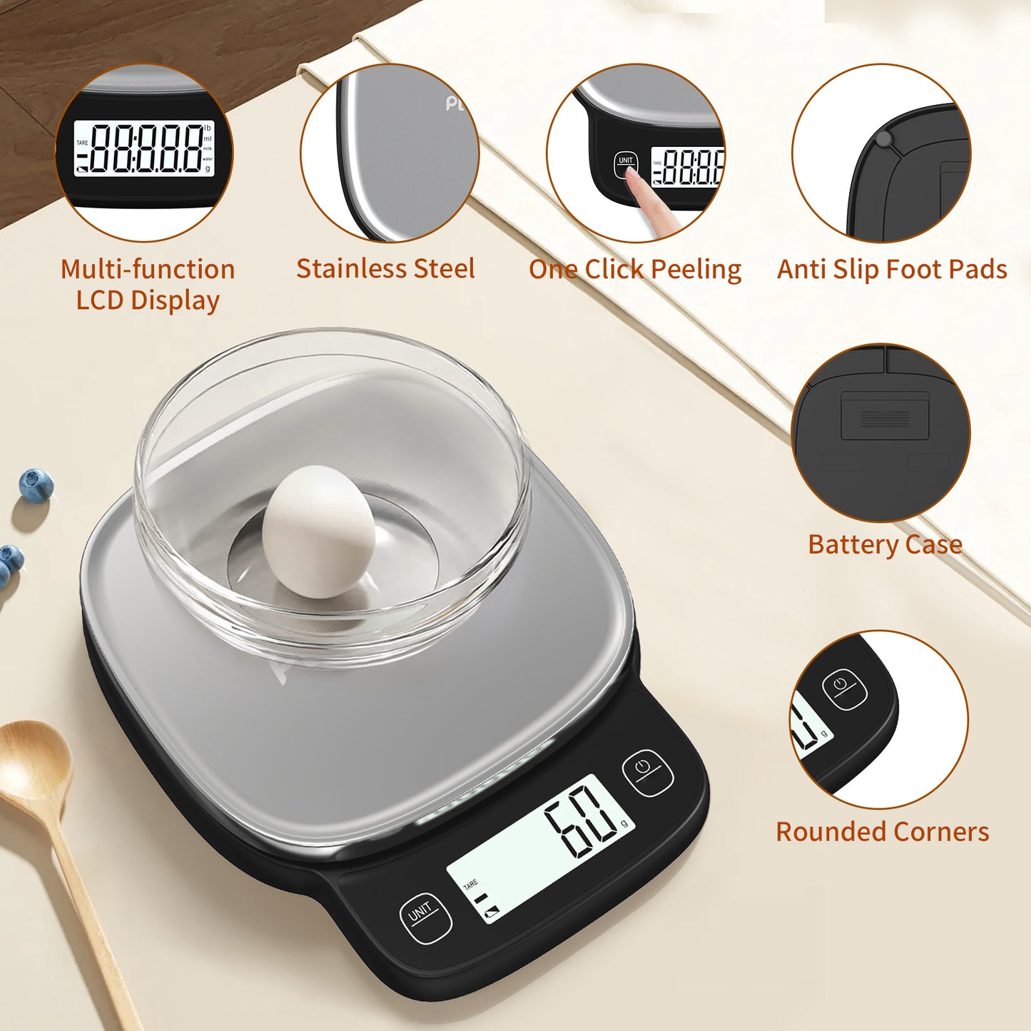 Digital Kitchen Scale - High Precision 0.1g, 5kg Capacity, Stainless Steel, LCD Display - DonoHome