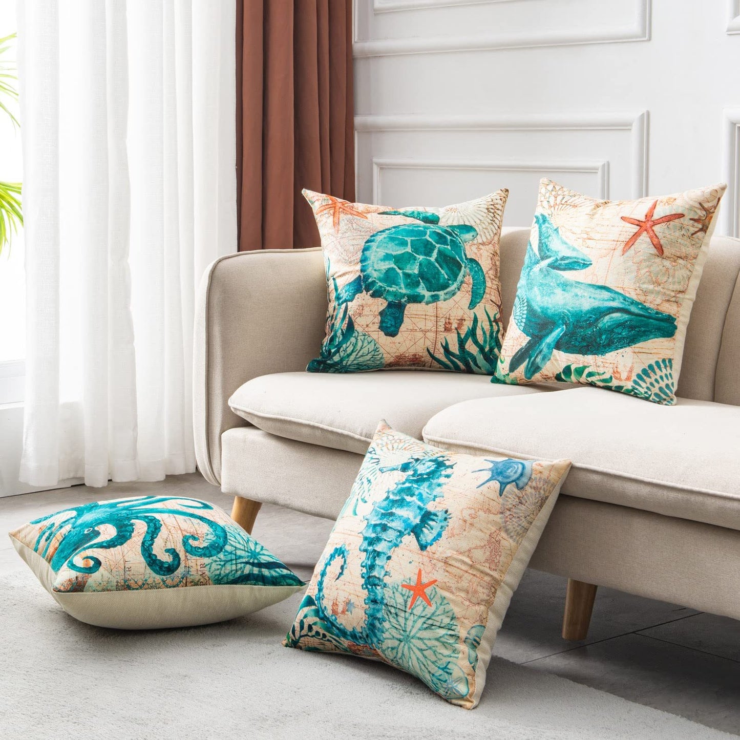 Sea Life Decorative Throw Pillows – Octopus, Turtle, Whale & Seahorse Design for Sofa & Home Decor