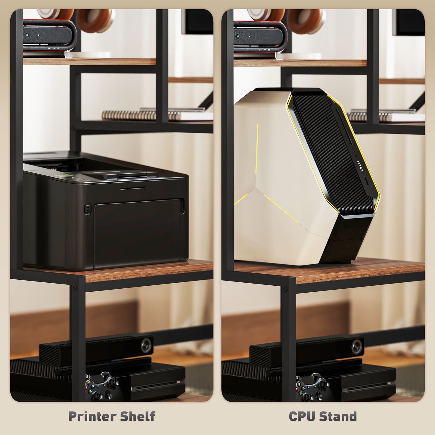 Computer Desk with Monitor Stand & Reversible 4-Tier Shelf (59″, Industrial Brown)