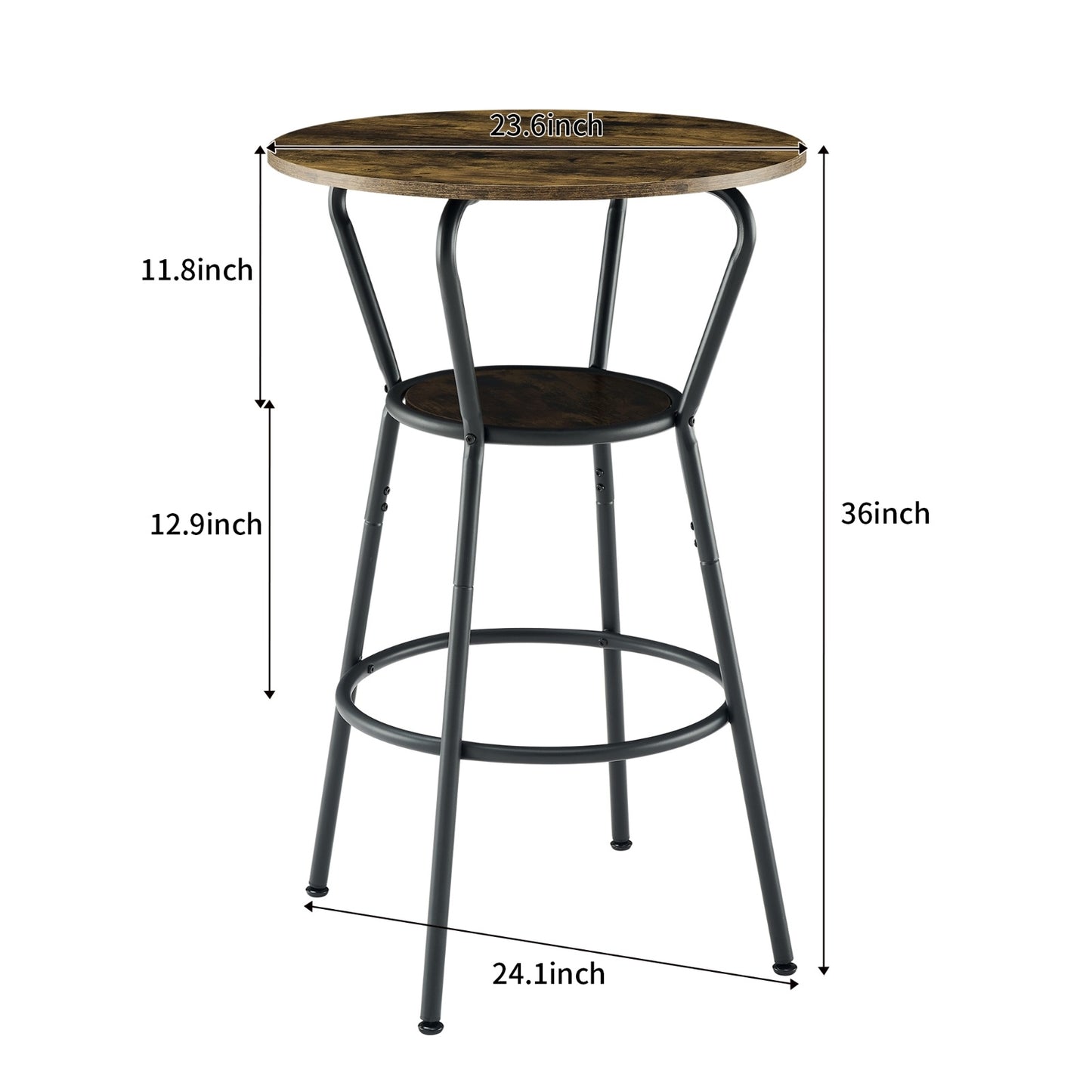 Round Bar Table And Stool Set With Shelf, Upholstered Stool With Backrest, Rustic Brown, 24.17 W X 2