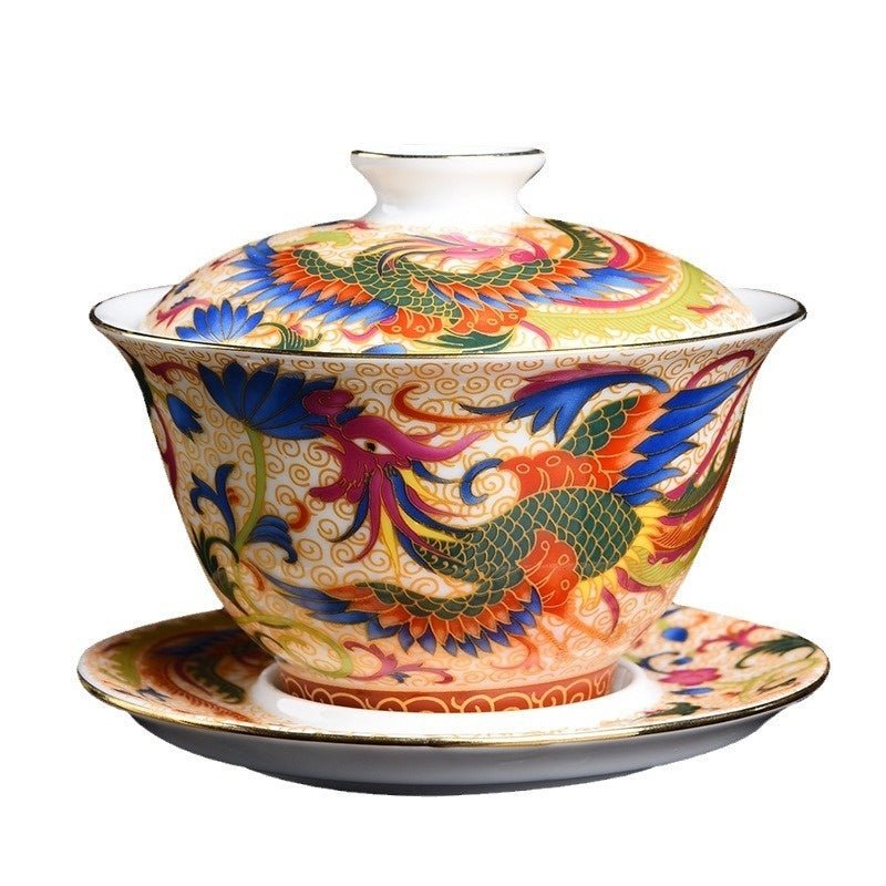 Luxury Enamel Porcelain Gaiwan Tea Cup with Lid & Saucer – Handcrafted Oriental Design - DonoHome