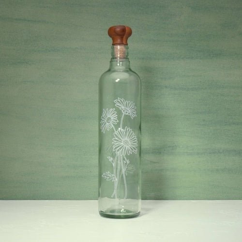 Transparent Glass Water Bottle with Stopper – Decorative Floral Design - DonoHome