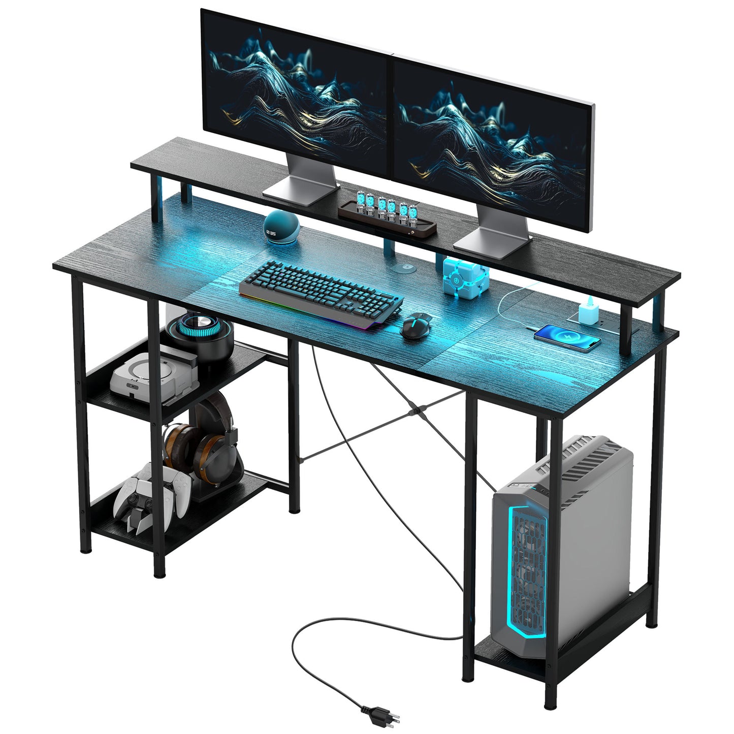 55 Inch Computer Desk With Storage Shelves, Reversible Gaming Table With Power Outlets And LED Lights, Distressed Black Home Office Workstation