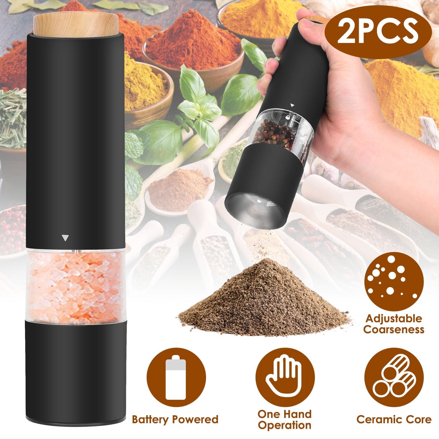 Electric Salt and Pepper Grinder Set with Adjustable Coarseness - One Hand Operation - DonoHome
